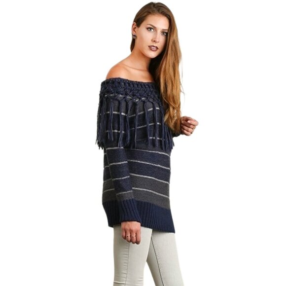 NWT Umgee Comfy Blue Striped Fringed Bohemian Off Shoulder Cotton Sweater - Picture 2 of 6